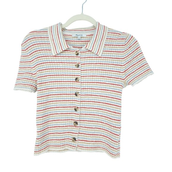 Madewell Sweaters - Coastal Retro70s ButtonUP Polo Top Women S MultiColor Stripe ShortSleeve Ribbed